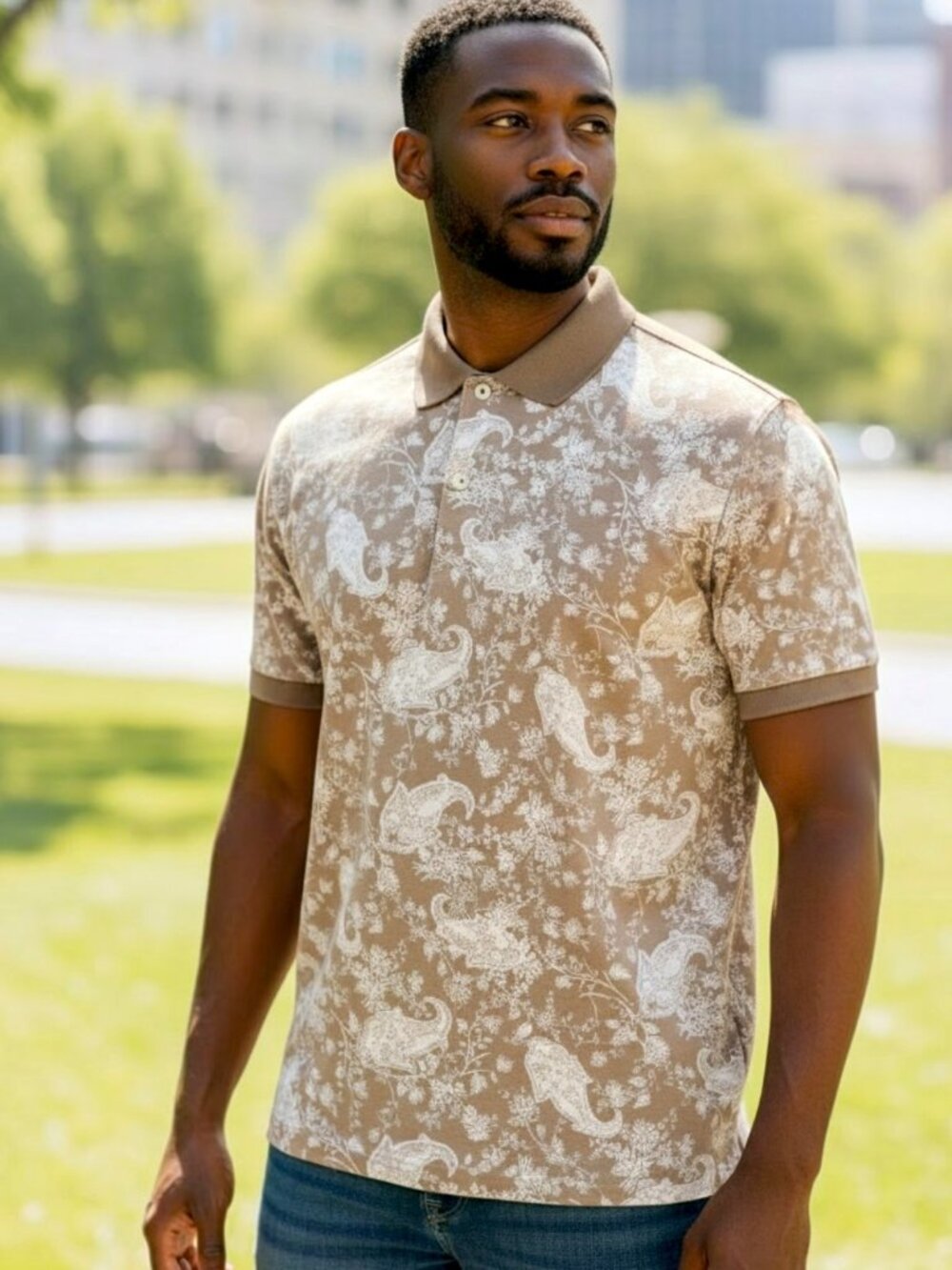 Daniel Cremieux Taupe Paisley Print Collared Tailored Fit Polo Shirt Size L EUC